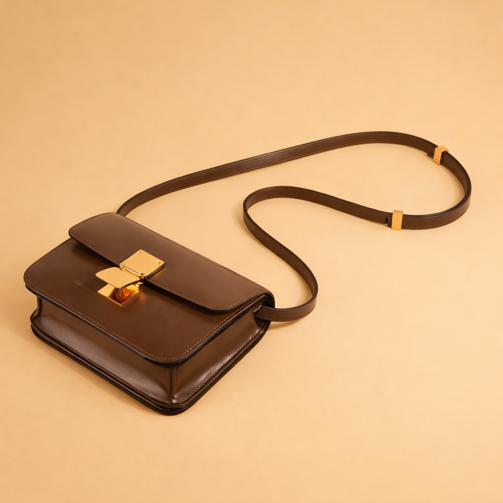 Luxury brown leather handbag with structured silhouette, smooth flap design, precise stitching, and polished gold-tone rectangular clasp