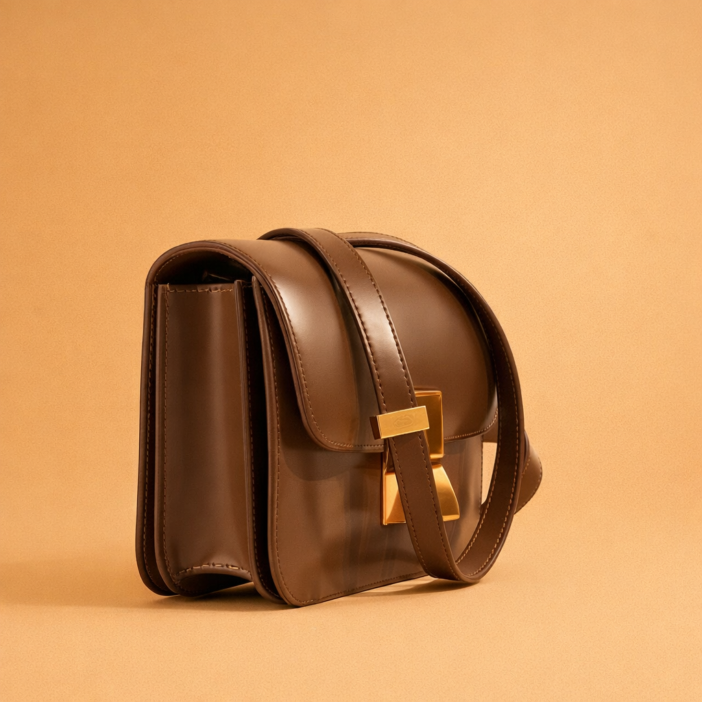 Luxury brown leather shoulder bag with structured silhouette, smooth polished finish, adjustable strap, and gold-tone hardware for an elegant designer look.