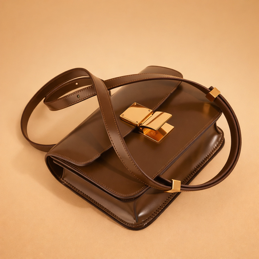 Luxury brown leather shoulder bag with structured silhouette, polished gold hardware, adjustable strap, and refined minimalist design for elevated everyday styling.