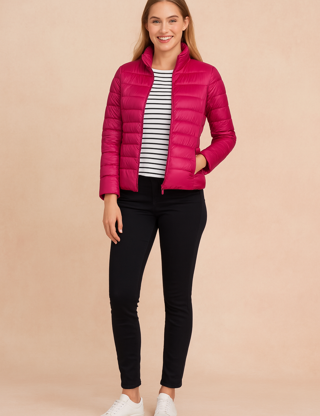 Magenta quilted puffer jacket with horizontal stitching, high collar, and zip closure, paired with slim black pants and a striped inner top.