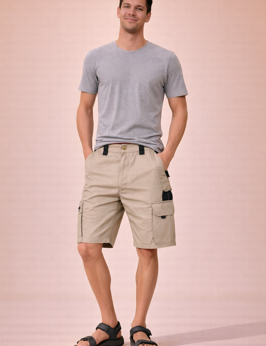 Men’s tactical cargo shorts in solid beige with visible ripstop grid fabric texture, straight above-knee length, zip fly with single button closure, reinforced belt loops, multi-pocket utility design with side cargo flap pockets and zip pocket detail, clean stitched hems, and durable outdoor construction.