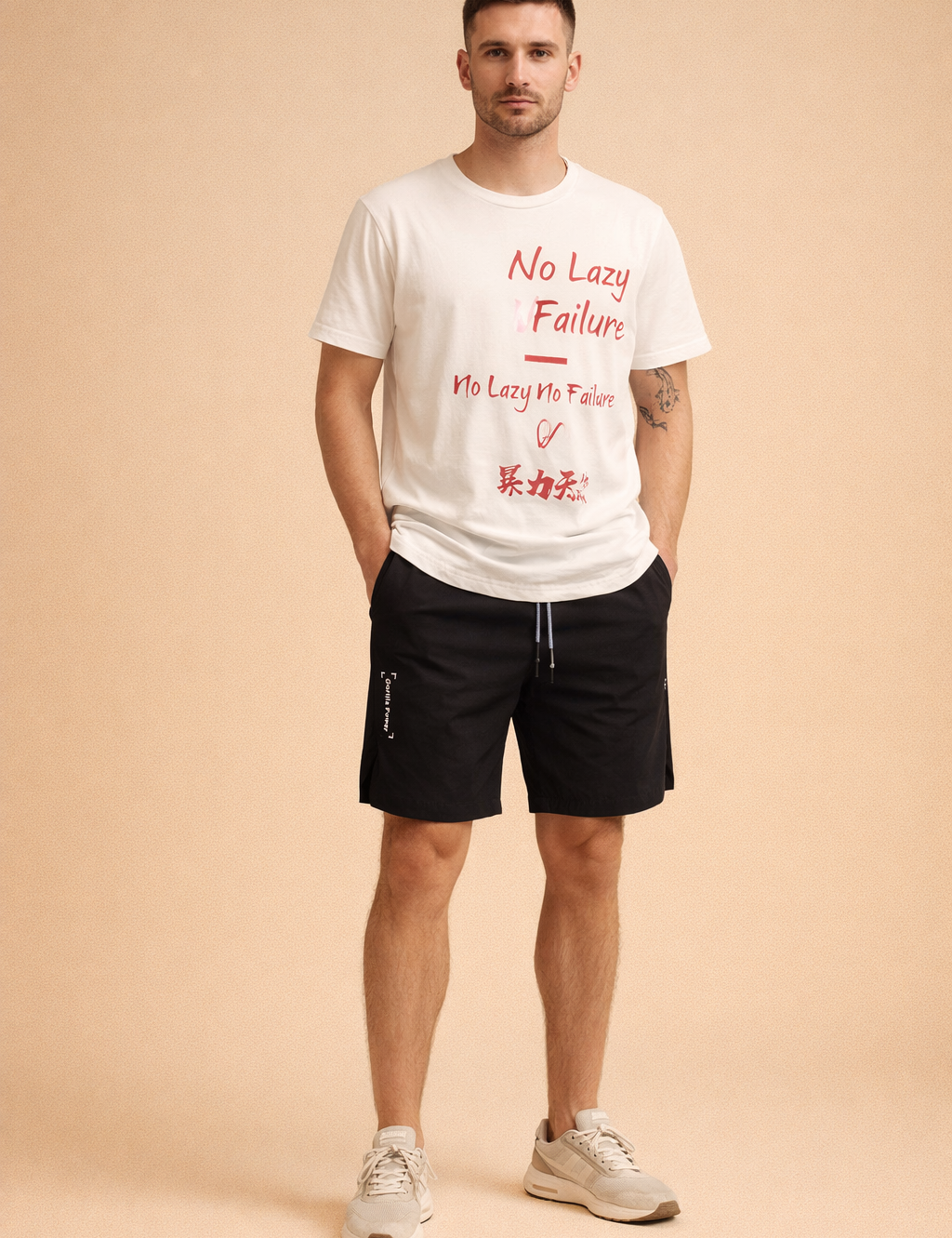 Men’s black athletic shorts with elastic waistband and drawstring, smooth matte fabric, relaxed knee-length cut, subtle Gorilla Power side print in white, paired with a white short-sleeve T-shirt featuring red graphic typography and Asian character print, clean casual summer streetwear outfit