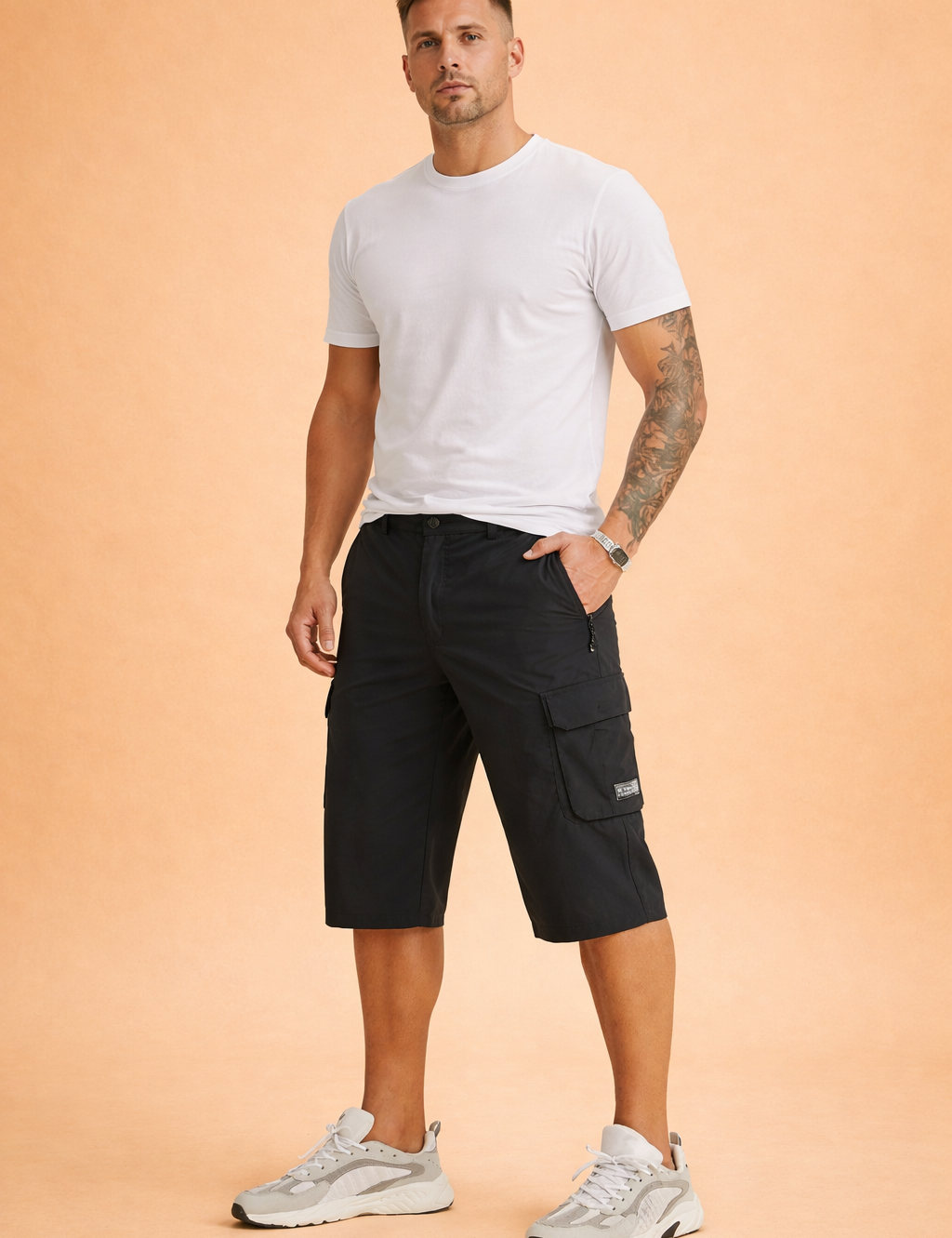 Men’s knee-length technical cargo shorts in solid matte black, featuring a lightweight smooth polyester fabric with a uniform weave, straight relaxed cut, flat front with button closure, belt loops, deep side pockets, a zippered utility pocket, and a structured flap cargo pocket on the thigh, finished with clean stitching and a minimal tactical aesthetic.