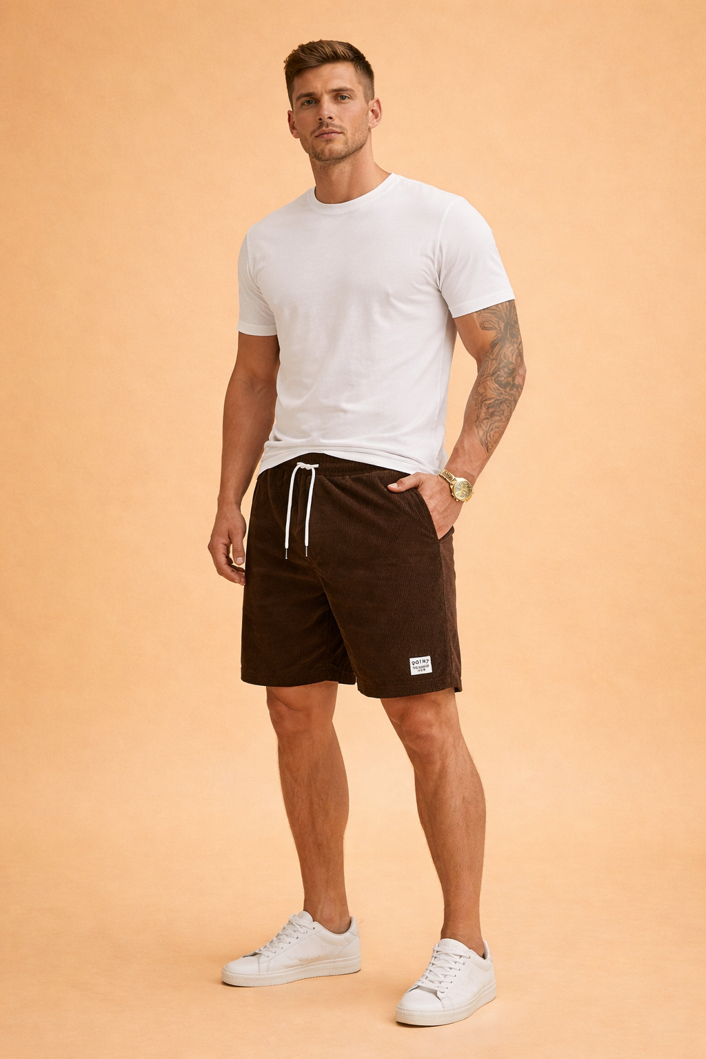Ribbed corduroy men’s casual shorts in deep brown with elastic waistband, white drawstring, mid-thigh length, straight cut, soft vertical cord texture, and woven logo patch detail.