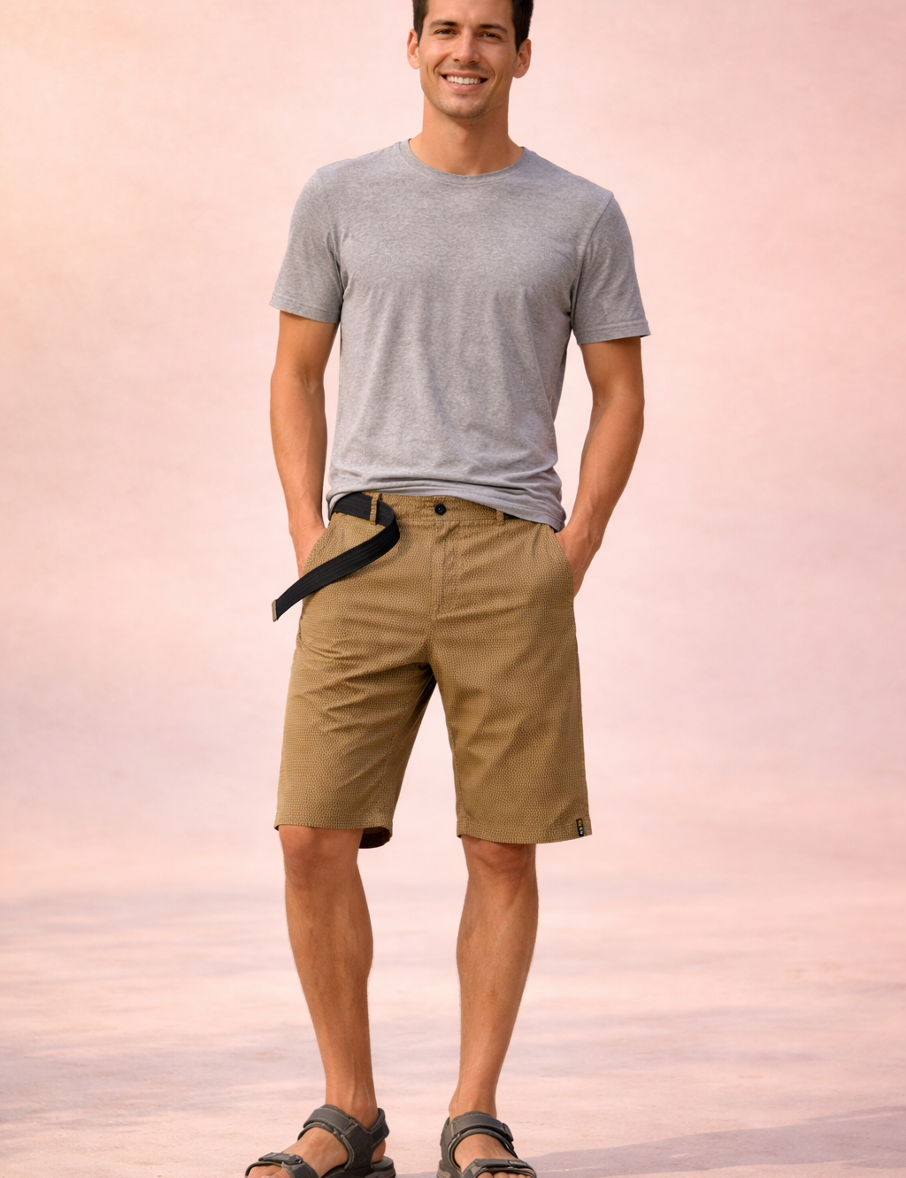 Lightweight men’s outdoor shorts in teal green with fine micro-check woven texture, breathable fabric, mid-thigh length straight cut, zip fly with single button closure, integrated black webbing belt, clean hem finish, and durable casual utility design.