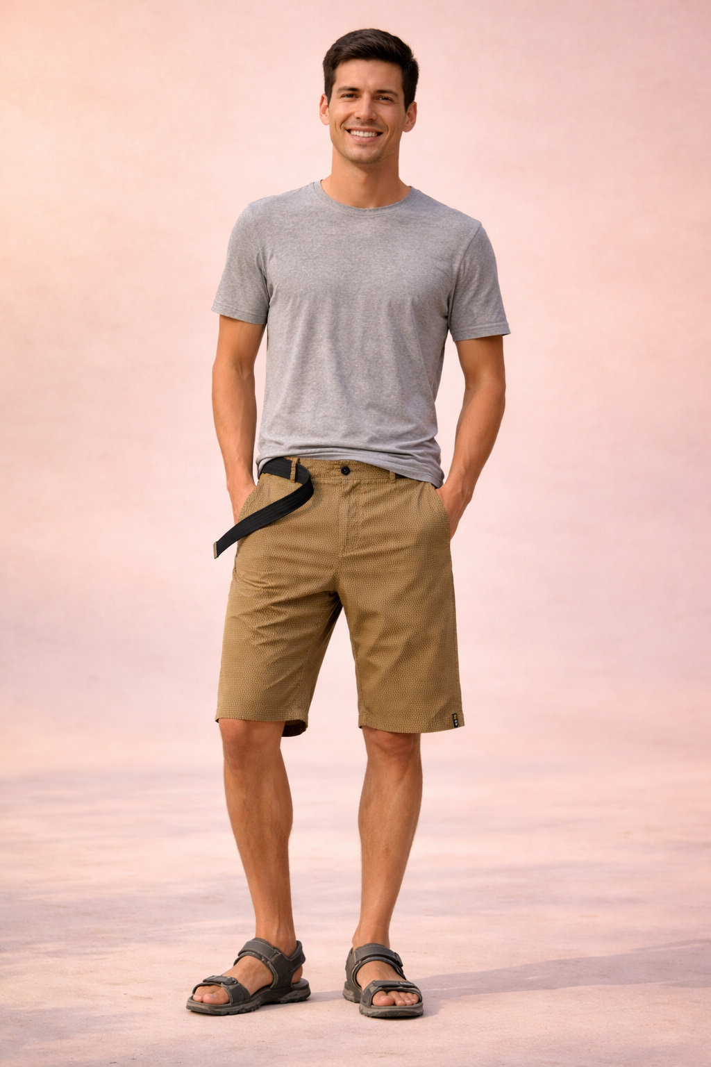 Lightweight men’s outdoor shorts in teal green with fine micro-check woven texture, breathable fabric, mid-thigh length straight cut, zip fly with single button closure, integrated black webbing belt, clean hem finish, and durable casual utility design.