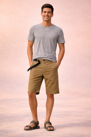 Lightweight men’s outdoor shorts in teal green with fine micro-check woven texture, breathable fabric, mid-thigh length straight cut, zip fly with single button closure, integrated black webbing belt, clean hem finish, and durable casual utility design.