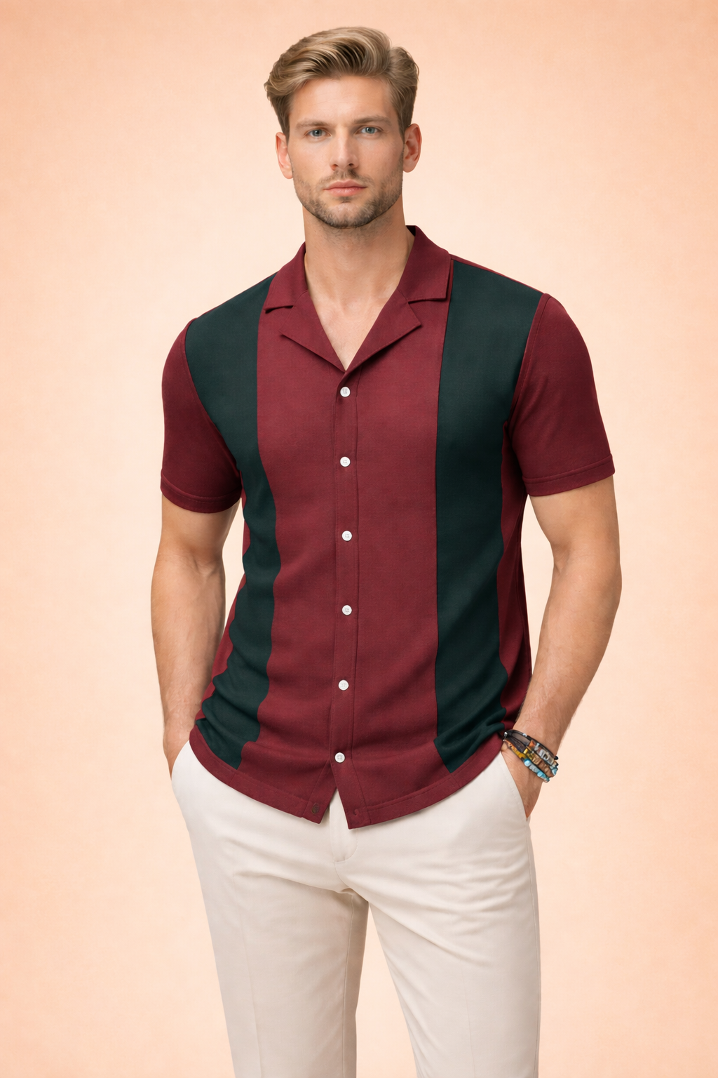 Short-sleeve camp collar shirt with button-front closure, vertical panel design, clean tailored fit, smooth drape, and structured open collar silhouette, styled for refined smart-casual summer wear.