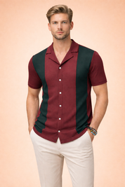 Short-sleeve camp collar shirt with button-front closure, vertical panel design, clean tailored fit, smooth drape, and structured open collar silhouette, styled for refined smart-casual summer wear.