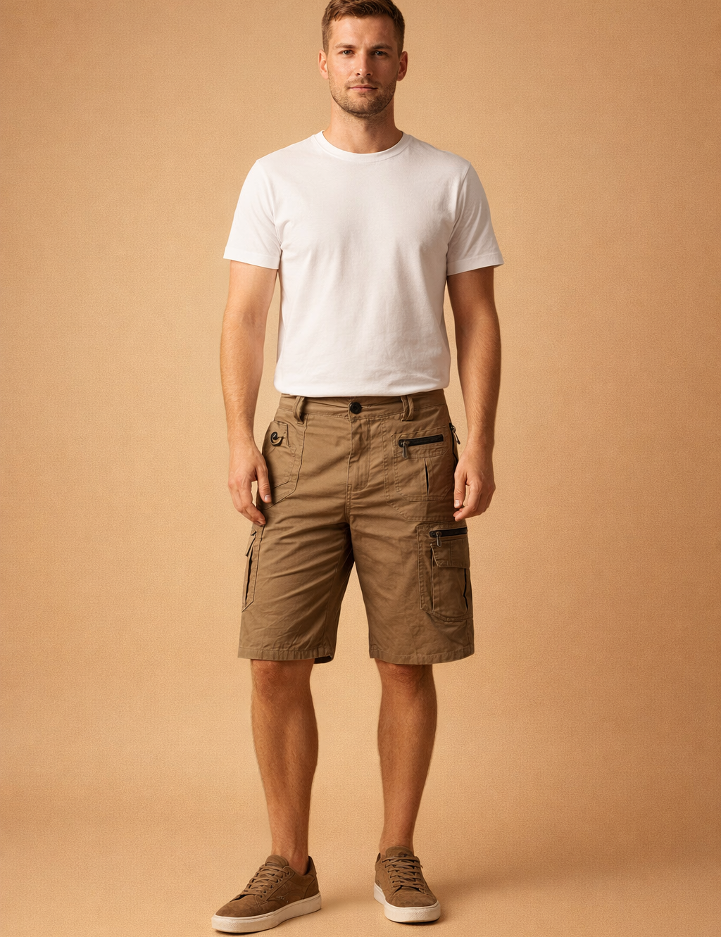 Men’s knee-length cargo shorts with multiple zippered utility pockets, tailored fit, structured waistband, reinforced stitching, paired with a fitted neutral short-sleeve shirt and minimalist low-profile shoes, showcasing a functional modern menswear outfit with precise fabric texture and construction details.