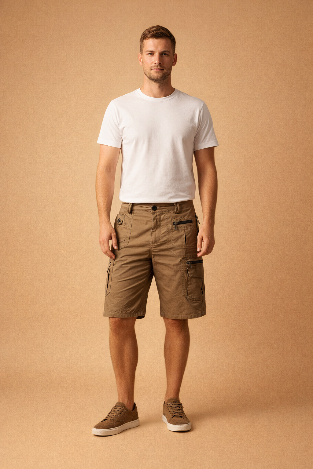 Men’s knee-length cargo shorts with multiple zippered utility pockets, tailored fit, structured waistband, reinforced stitching, paired with a fitted neutral short-sleeve shirt and minimalist low-profile shoes, showcasing a functional modern menswear outfit with precise fabric texture and construction details.