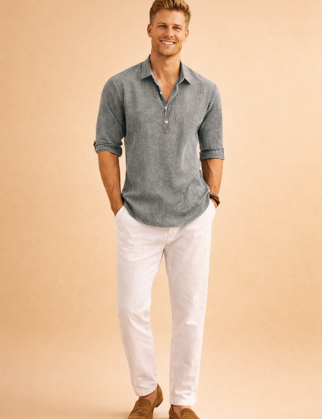 Men’s long-sleeve casual button-neck shirt with a relaxed fit, paired with slim straight trousers and minimalist slip-on loafers for a refined everyday look.