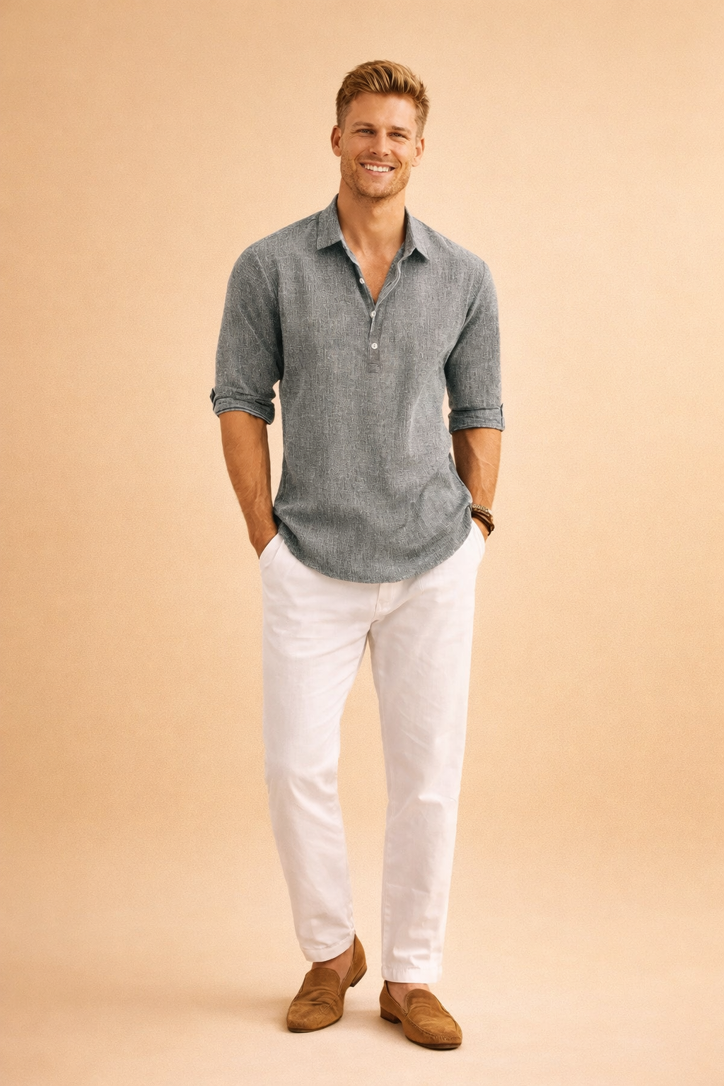 Men’s long-sleeve casual button-neck shirt with a relaxed fit, paired with slim straight trousers and minimalist slip-on loafers for a refined everyday look.
