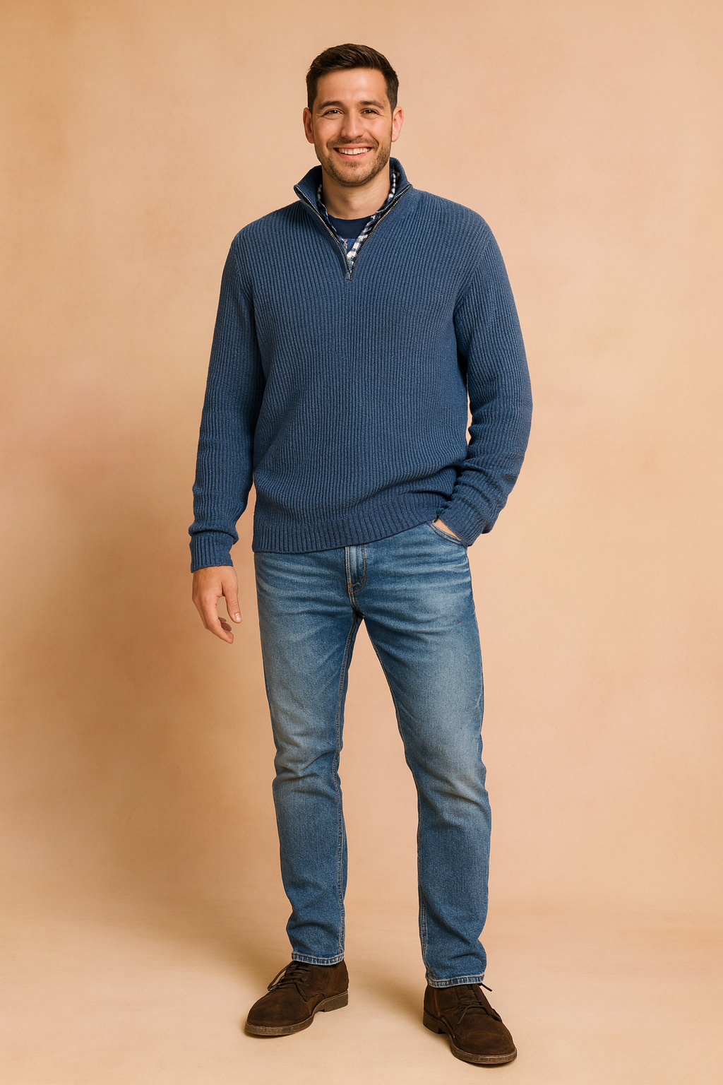 Men’s casual ribbed knit quarter-zip sweater in deep blue, styled with layered plaid shirt and denim jeans for a relaxed yet polished look.