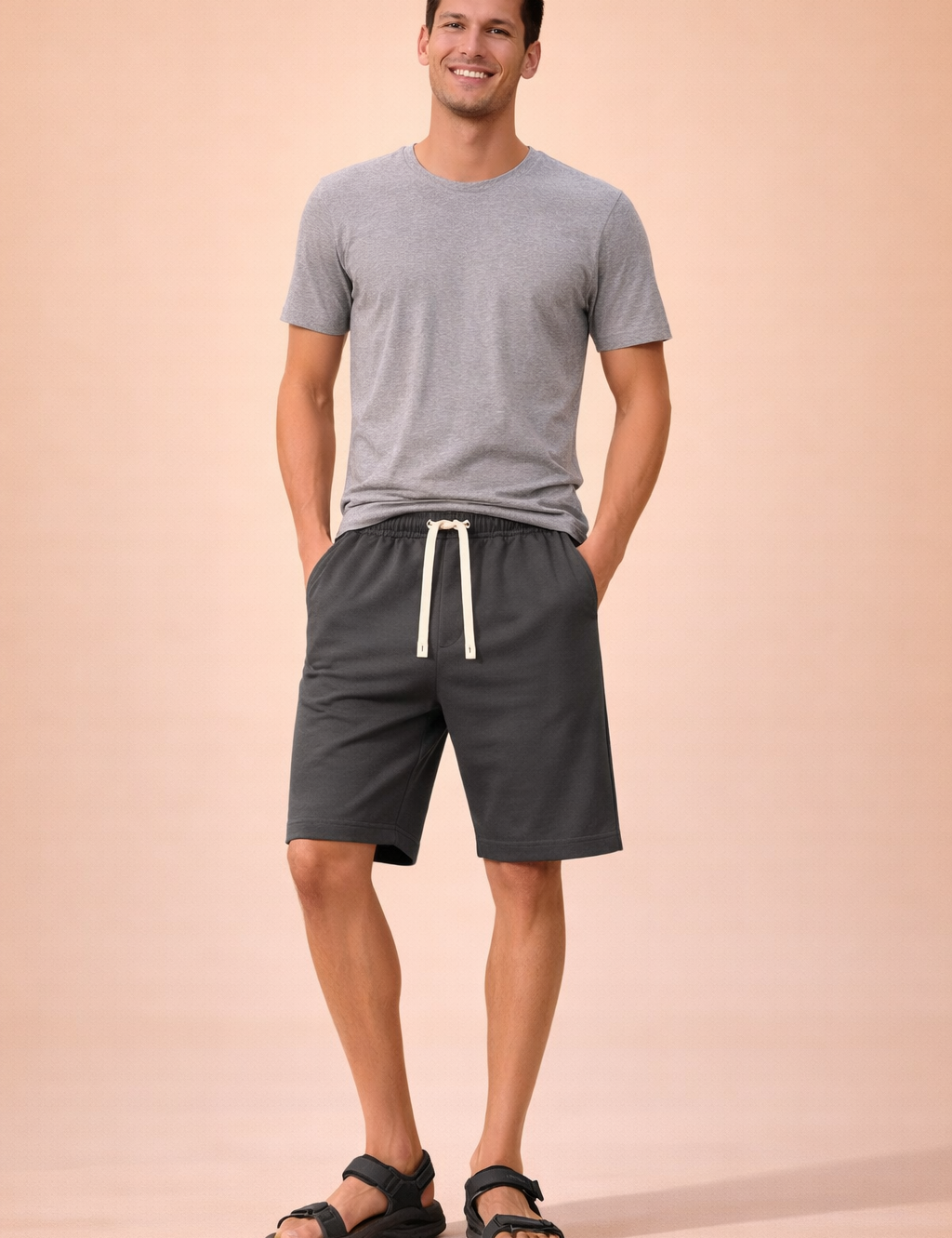 Men’s cotton drawstring shorts in solid gray with smooth uniform fabric texture, elastic waistband with matching cream drawstring, relaxed above-knee length, curved side pockets, clean stitched hems, and minimalist casual sporty fit.