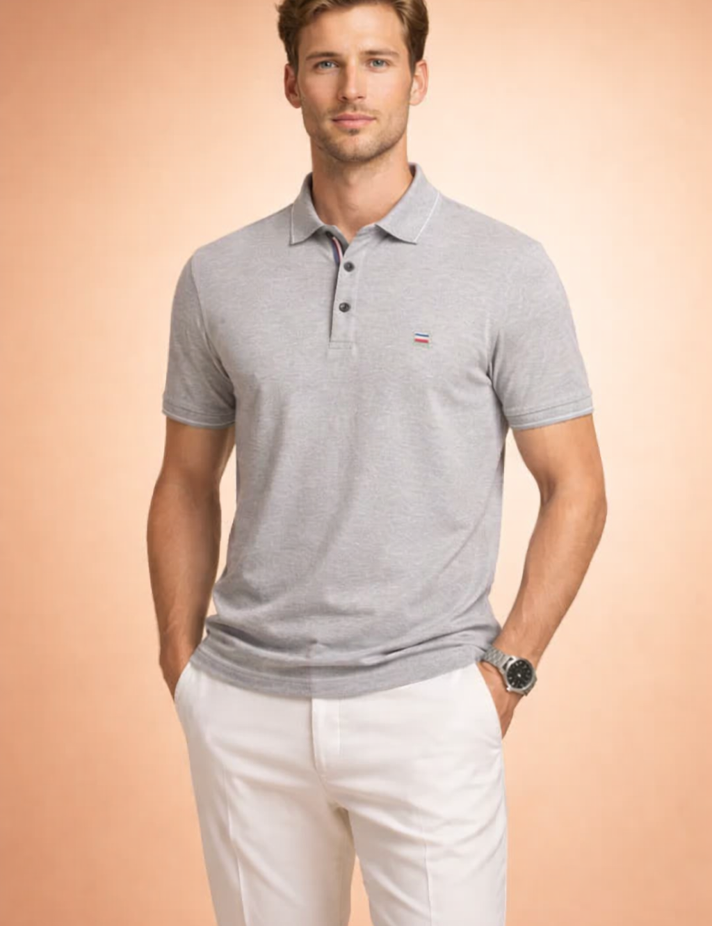 Classic short-sleeve polo shirt with a clean button placket paired with tailored straight-leg trousers, styled in a refined smart-casual combination suitable for everyday wear.