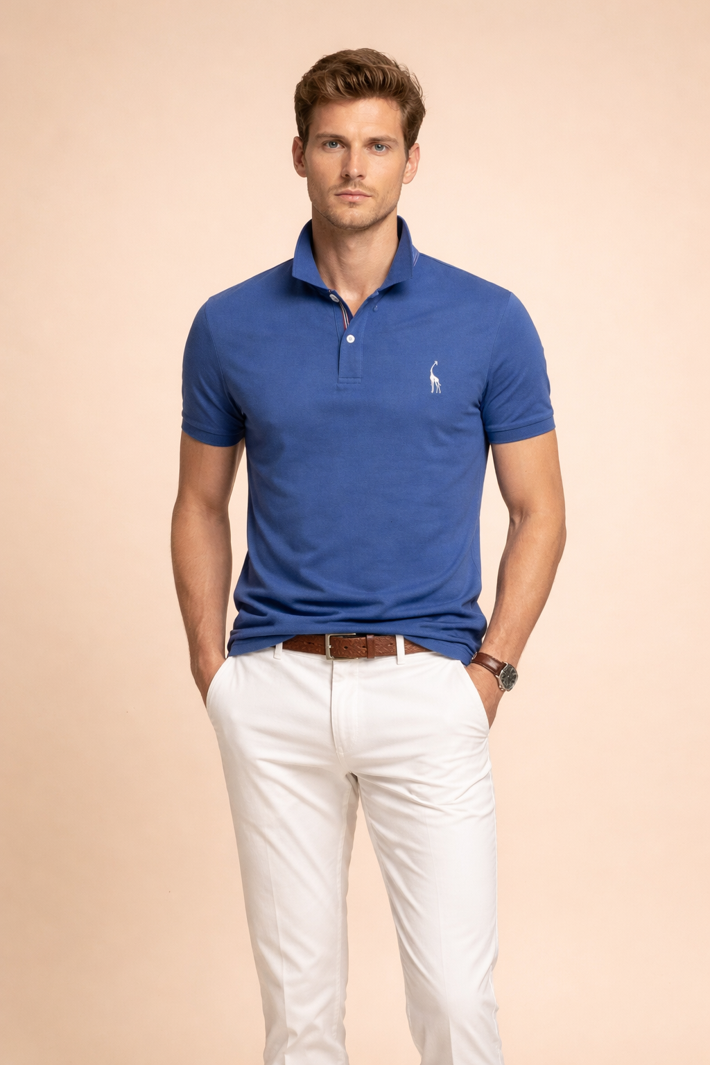 Classic short-sleeve polo shirt with a structured collar, two-button placket, clean chest logo embroidery, and a tailored straight fit designed for a polished casual look.