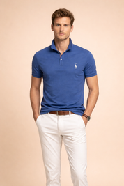 Classic short-sleeve polo shirt with a structured collar, two-button placket, clean chest logo embroidery, and a tailored straight fit designed for a polished casual look.