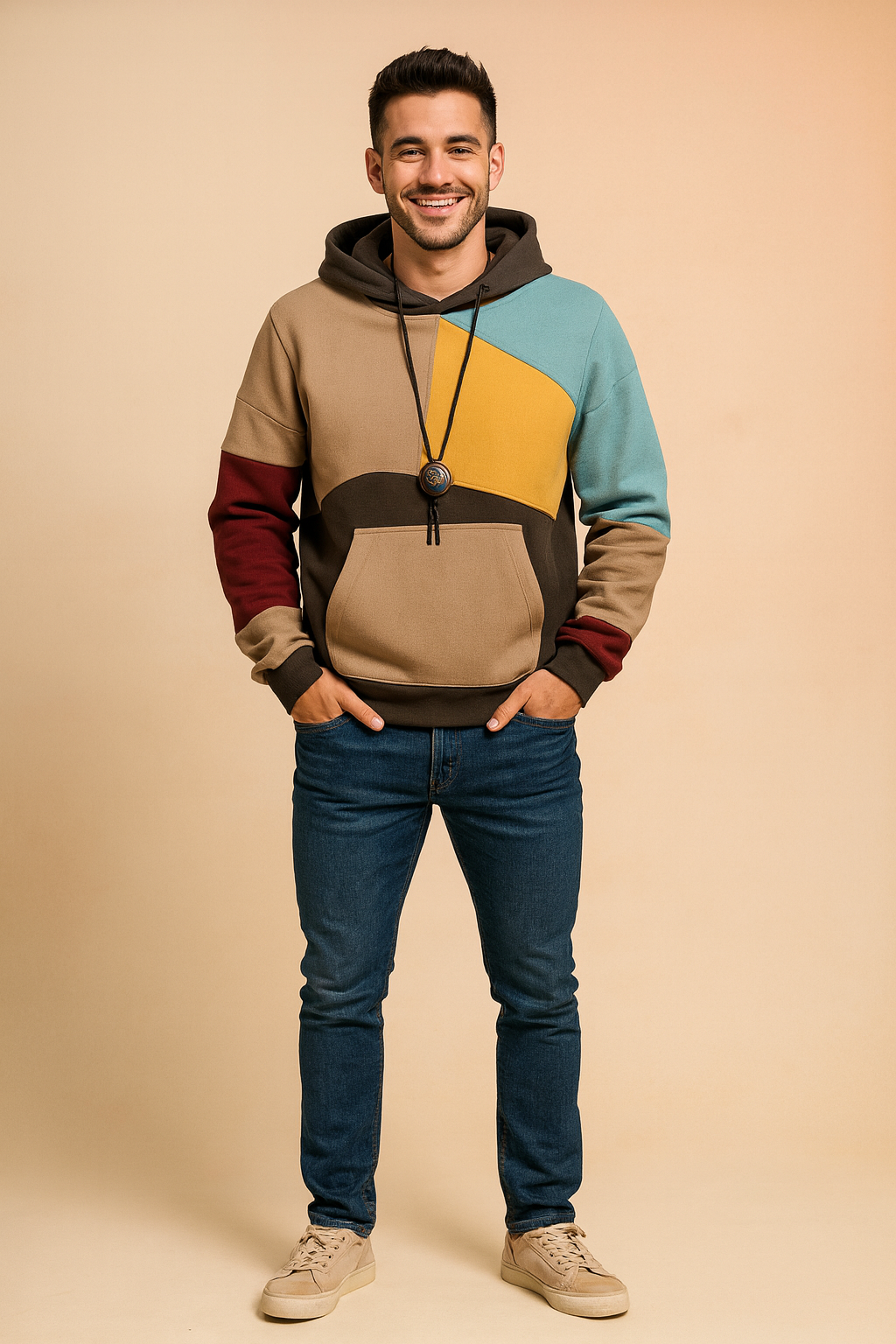 Men’s casual color-block hoodie with kangaroo pocket and adjustable drawstrings, designed with vibrant geometric panels in beige, yellow, red, blue, and black for a bold streetwear style