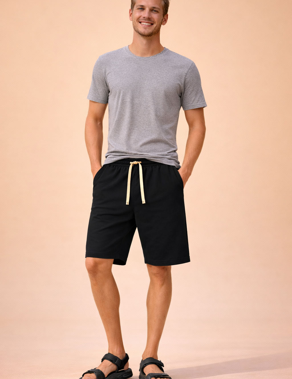 Men’s lightweight cotton shorts in navy blue with smooth solid fabric texture, elastic waistband with matching drawstring, relaxed above-knee length, curved side pocket construction, clean stitched hems, and casual sporty fit for everyday wear.