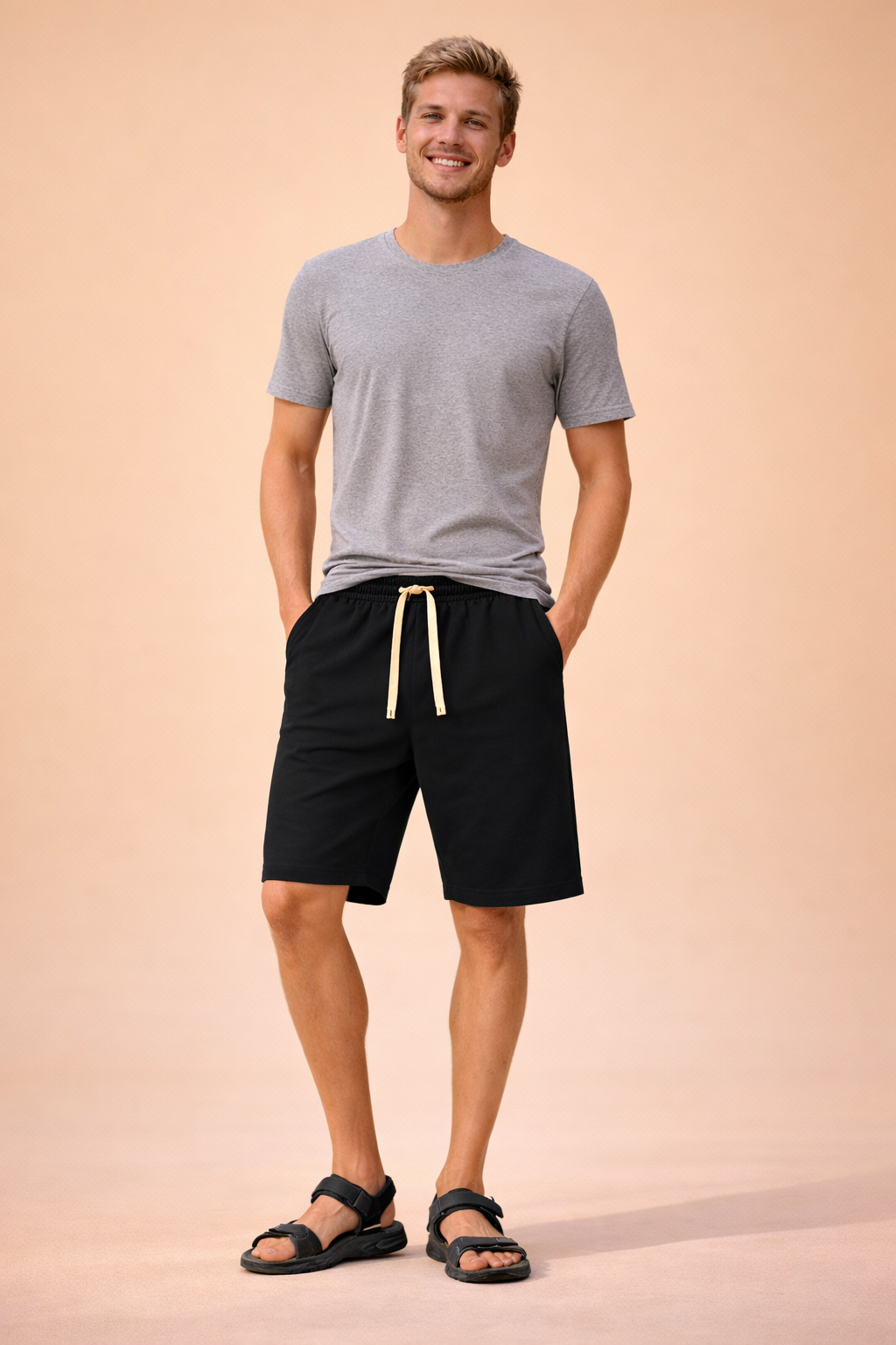 Men’s lightweight cotton shorts in navy blue with smooth solid fabric texture, elastic waistband with matching drawstring, relaxed above-knee length, curved side pocket construction, clean stitched hems, and casual sporty fit for everyday wear.