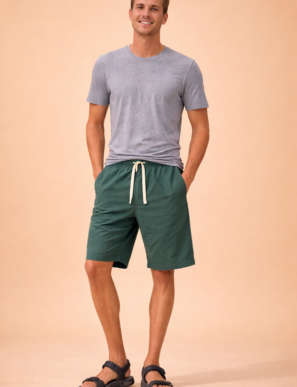 Men’s cotton drawstring shorts in deep forest green with smooth solid fabric texture, elastic waistband with matching cream drawstring, relaxed above-knee length, curved side pocket design, clean stitched hems, and casual sporty fit.