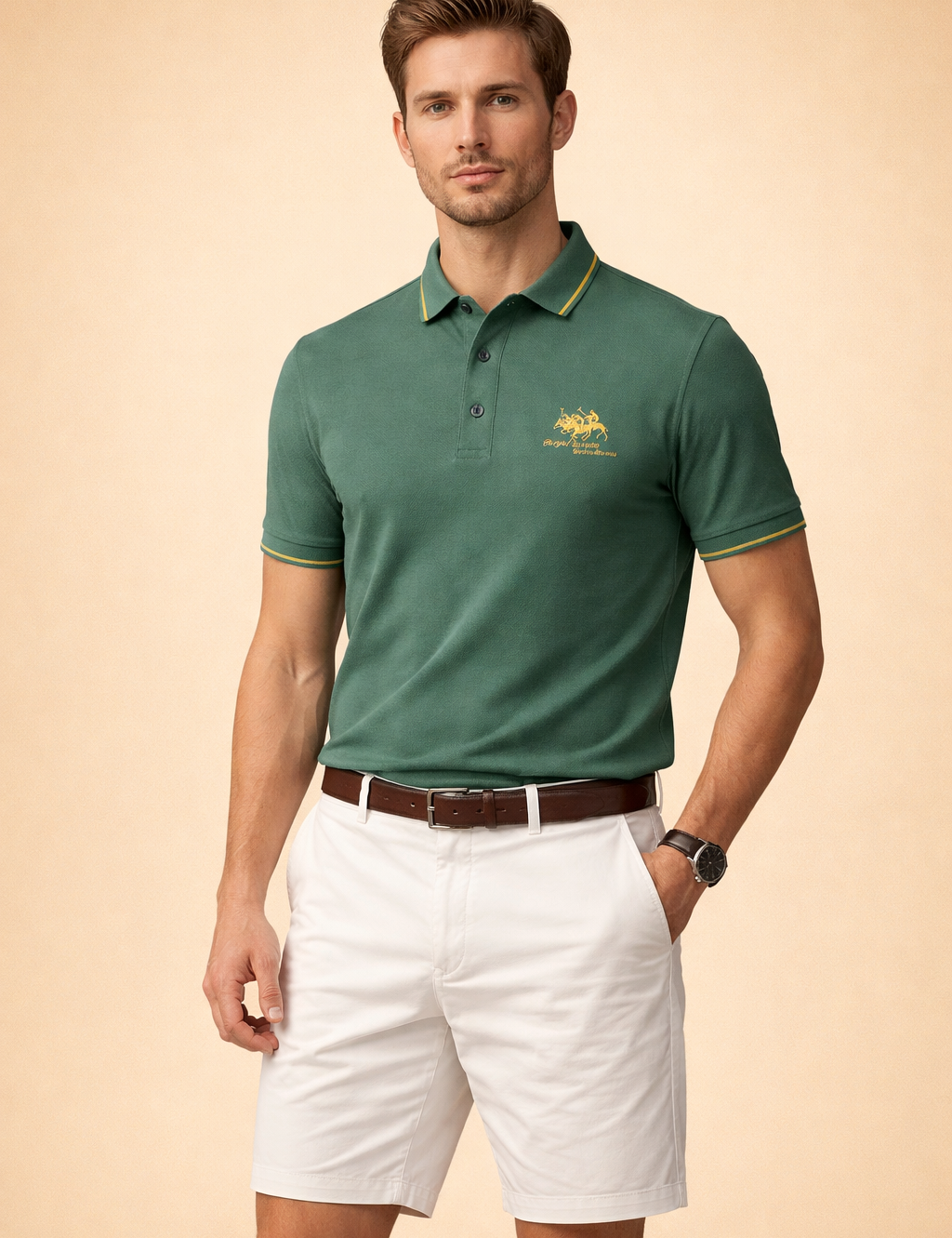 Forest green short-sleeve polo shirt with contrast collar piping and embroidered chest logo, paired with tailored white chino shorts, brown leather belt, and minimalist wristwatch.