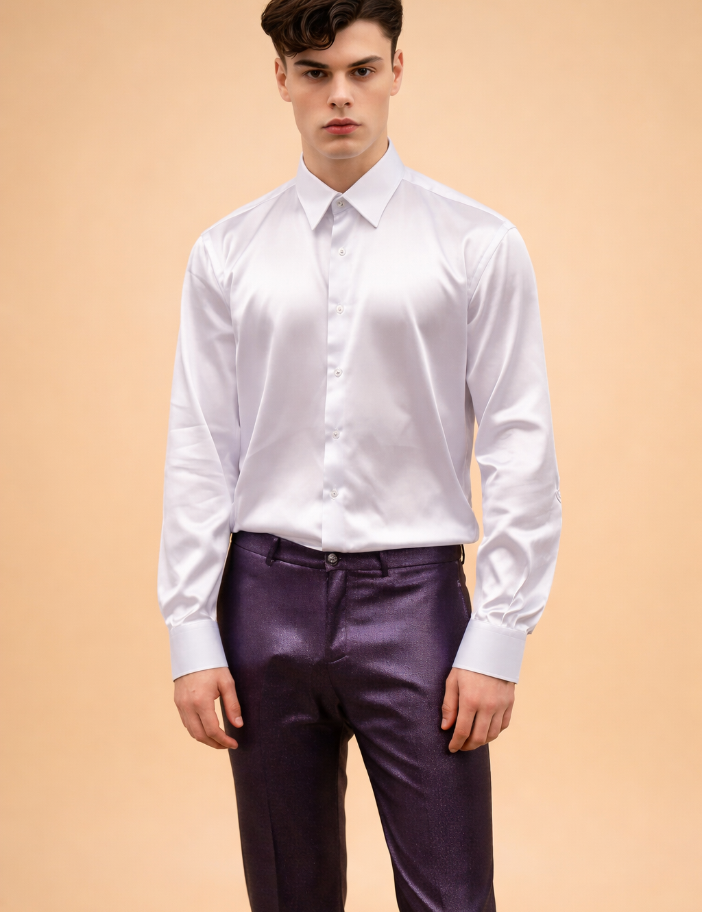 Elegant men’s formal outfit featuring a crisp long-sleeve button-up shirt with a smooth satin finish paired with tailored slim-fit trousers, styled in a refined, minimalist fashion suitable for formal and evening wear.