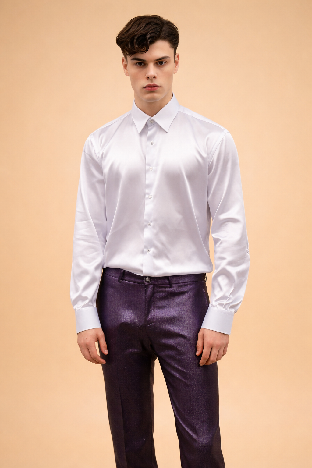 Elegant men’s formal outfit featuring a crisp long-sleeve button-up shirt with a smooth satin finish paired with tailored slim-fit trousers, styled in a refined, minimalist fashion suitable for formal and evening wear.