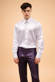 Elegant men’s formal outfit featuring a crisp long-sleeve button-up shirt with a smooth satin finish paired with tailored slim-fit trousers, styled in a refined, minimalist fashion suitable for formal and evening wear.