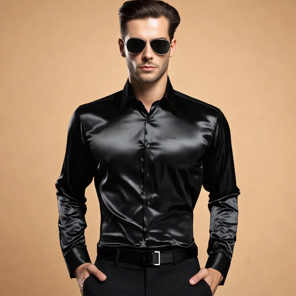 Men’s sleek long-sleeve button-up top with a smooth glossy finish, tailored silhouette, structured collar, clean front placket, and refined cuffs styled with fitted trousers for a polished formal look.