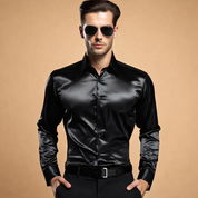 Men’s sleek long-sleeve button-up top with a smooth glossy finish, tailored silhouette, structured collar, clean front placket, and refined cuffs styled with fitted trousers for a polished formal look.
