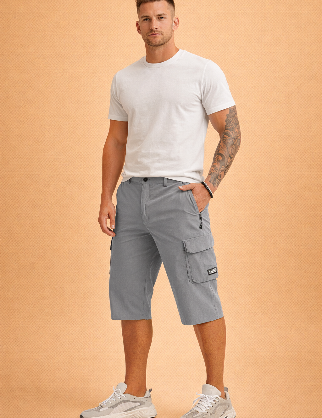 Men’s gray cargo shorts with a smooth technical fabric finish, featuring a structured knee-length cut, flat front waistband with button closure, belt loops, zippered side pocket, large flap cargo pocket with stitched label, and clean reinforced seams in an even solid gray tone with no pattern variation.