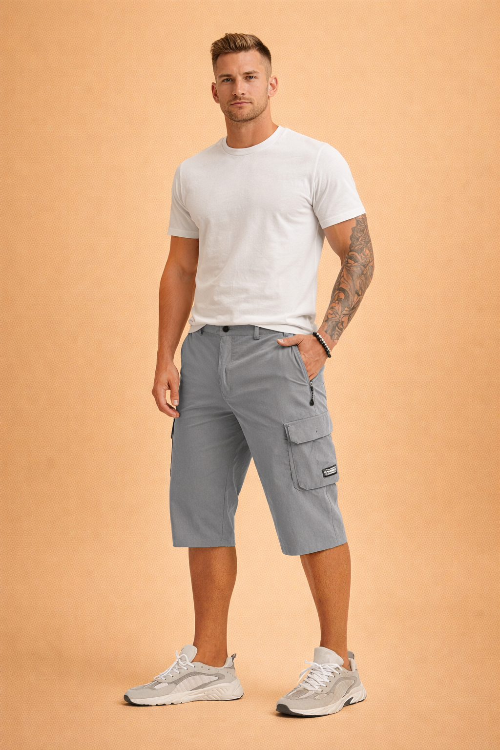Men’s gray cargo shorts with a smooth technical fabric finish, featuring a structured knee-length cut, flat front waistband with button closure, belt loops, zippered side pocket, large flap cargo pocket with stitched label, and clean reinforced seams in an even solid gray tone with no pattern variation.