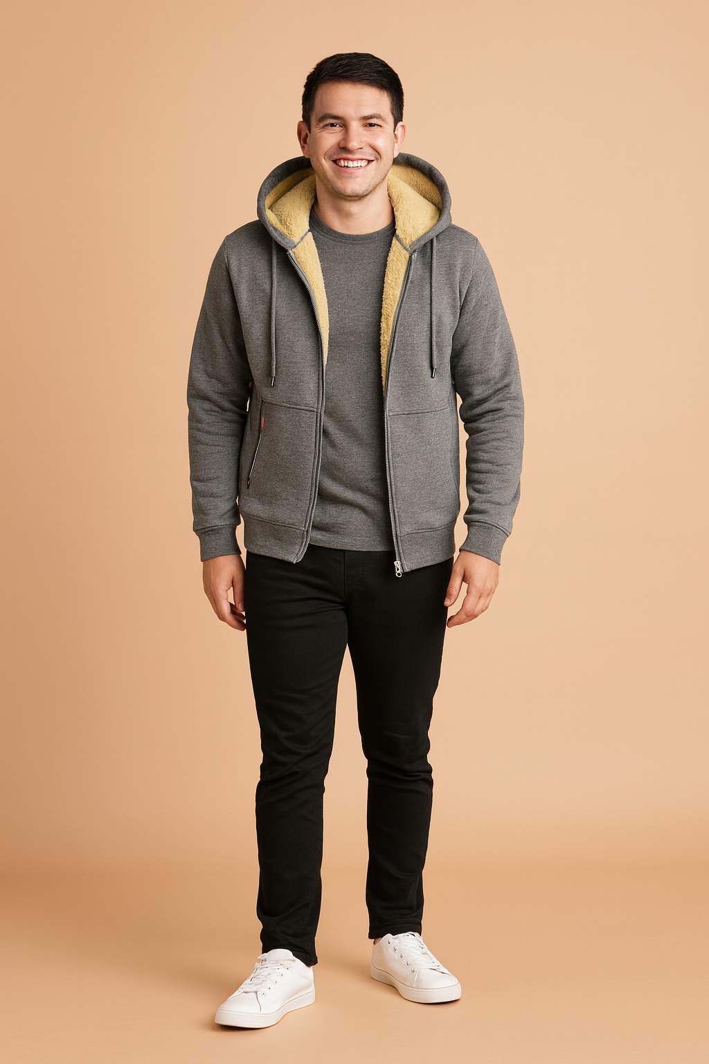 Men’s gray fleece-lined hoodie with beige faux fur interior, featuring a zip-up front, drawstring hood, and ribbed cuffs for casual winter wear.