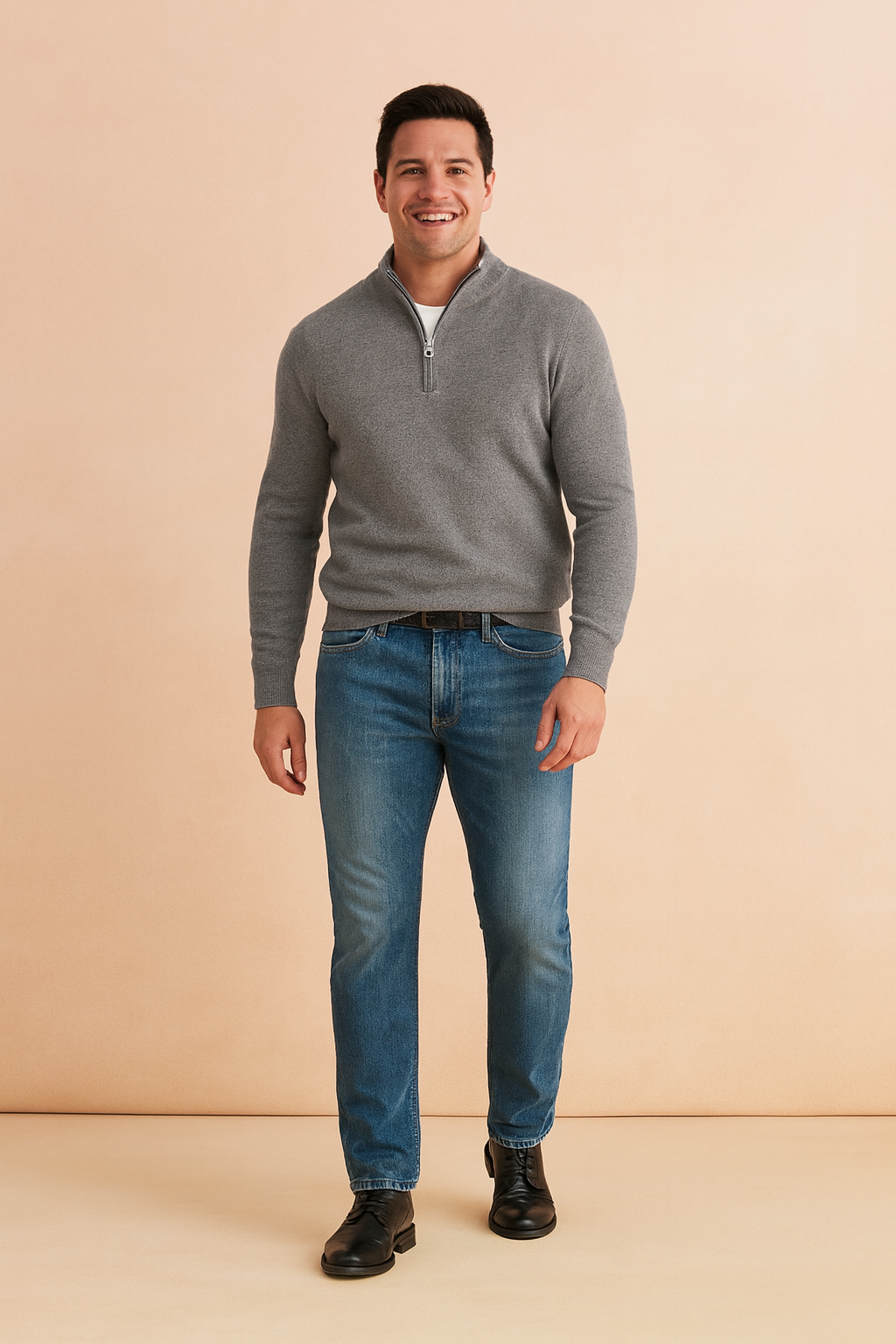 Men’s heather gray half-zip pullover paired with classic medium-blue jeans, designed with subtle ribbed texture and clean tailoring for a modern casual style.