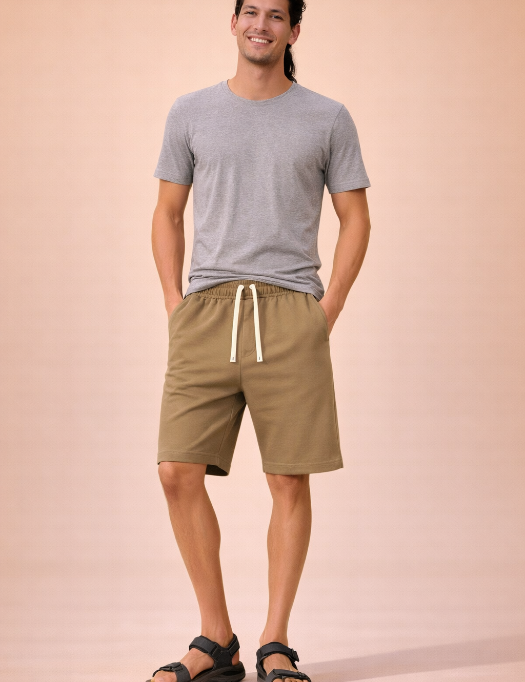 Men’s cotton drawstring shorts in solid khaki beige with smooth uniform fabric texture, elastic waistband with matching cream drawstring, relaxed above-knee length, curved side pocket construction, clean stitched hems, and casual sporty fit.