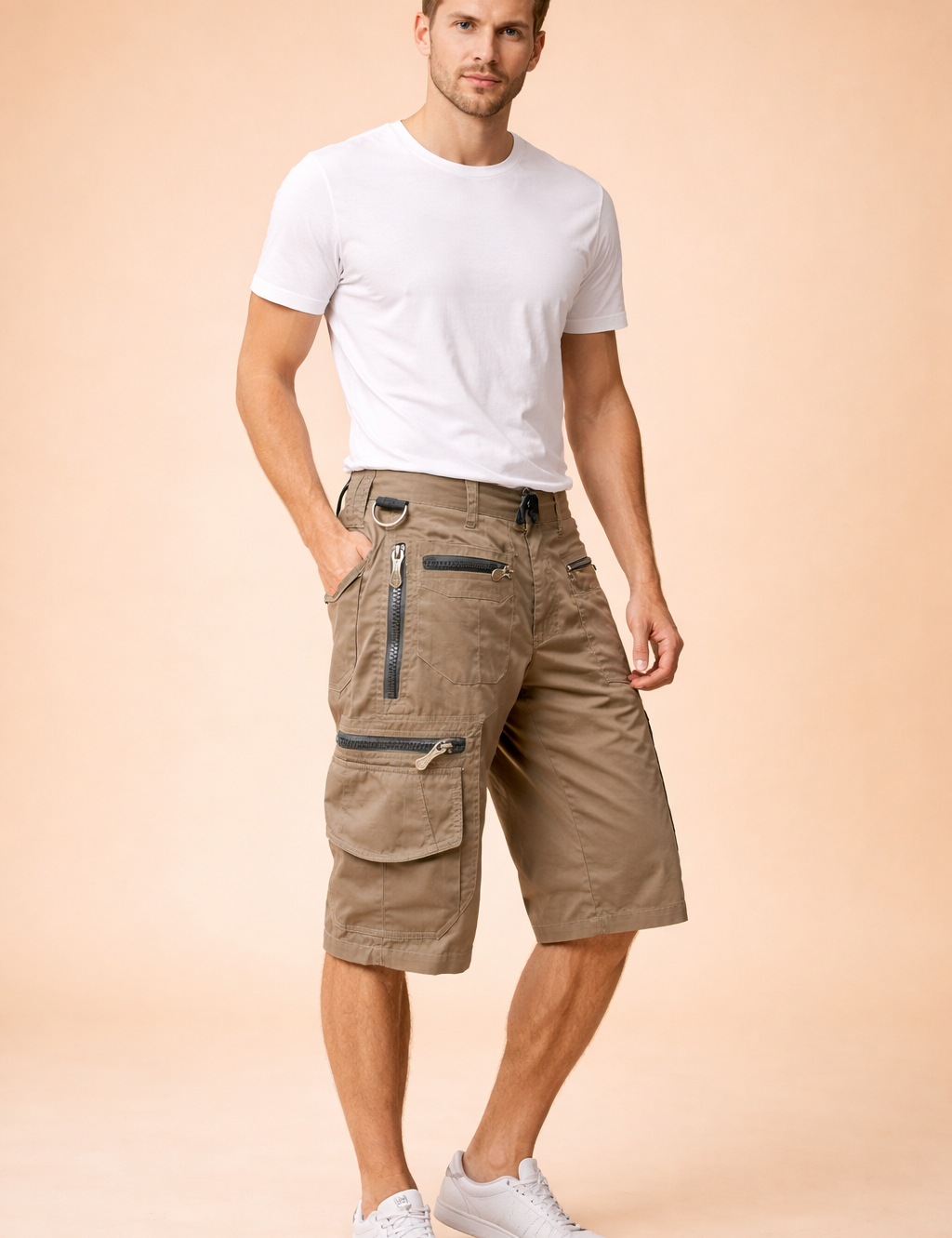 Men’s khaki tactical cargo shorts featuring a smooth woven fabric with a matte finish, knee-length straight cut, structured waistband with belt loops, multiple utility pockets including zippered side pockets, flap cargo pockets with reinforced stitching, metal zipper details, and durable seams, paired with a charcoal grey short-sleeve crew-neck T-shirt in a soft, lightweight knit fabric with a clean solid color and classic regular fit.