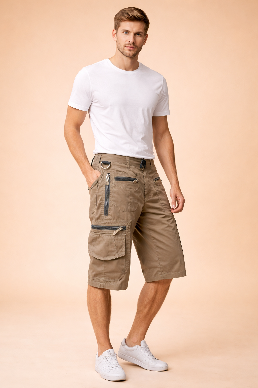 Men’s khaki tactical cargo shorts featuring a smooth woven fabric with a matte finish, knee-length straight cut, structured waistband with belt loops, multiple utility pockets including zippered side pockets, flap cargo pockets with reinforced stitching, metal zipper details, and durable seams, paired with a charcoal grey short-sleeve crew-neck T-shirt in a soft, lightweight knit fabric with a clean solid color and classic regular fit.
