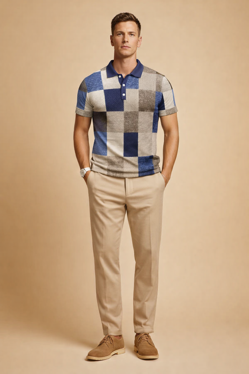 Short-sleeve knitted polo shirt with a structured check pattern in navy blue, muted denim blue, soft beige, and warm taupe tones, featuring a classic polo collar with a navy placket and white buttons, paired with tailored light beige slim-fit trousers and clean low-profile leather shoes for a refined modern menswear look.