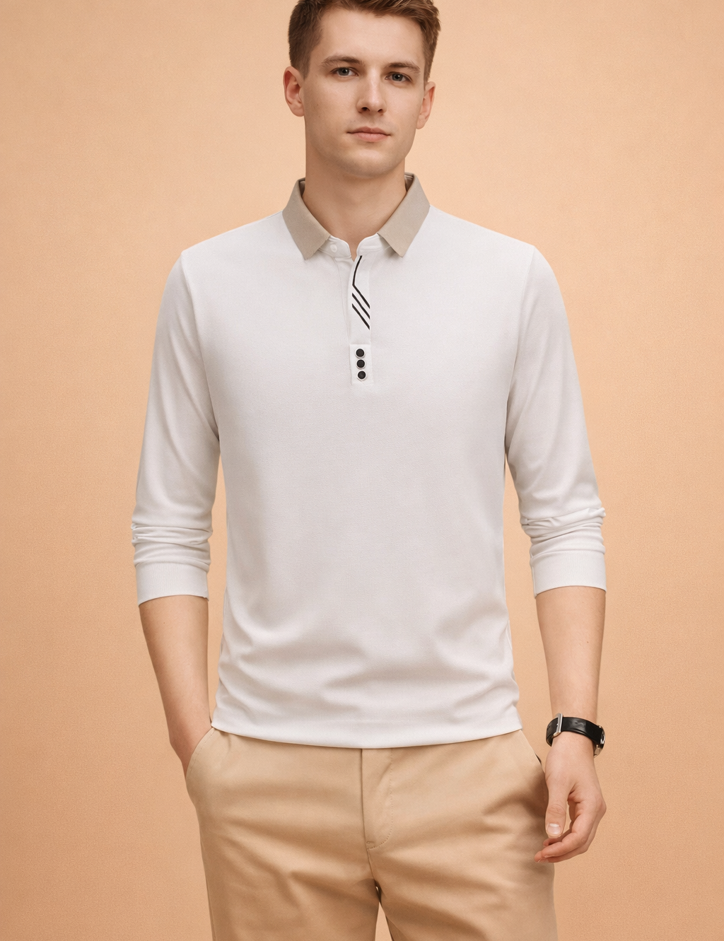 Men’s long-sleeve polo shirt with a clean structured fit, contrast beige collar, minimalist three-button placket, subtle striped inner detail, and smooth refined drape styled with tailored beige trousers.