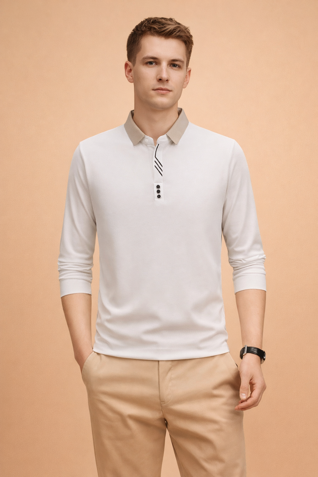 Men’s long-sleeve polo shirt with a clean structured fit, contrast beige collar, minimalist three-button placket, subtle striped inner detail, and smooth refined drape styled with tailored beige trousers.