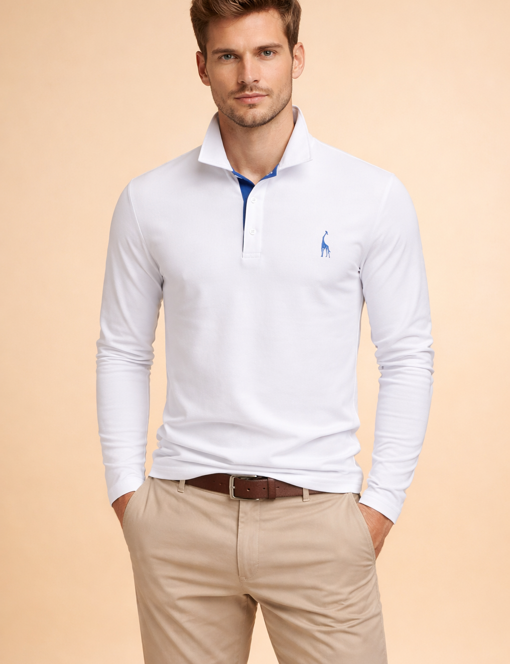 Men’s long-sleeve polo top with a clean structured collar, buttoned placket with contrast inner detail, slim tailored fit through the torso, and neatly finished cuffs paired with classic straight-cut trousers for a refined modern look.