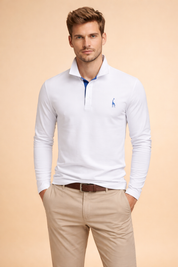 Men’s long-sleeve polo top with a clean structured collar, buttoned placket with contrast inner detail, slim tailored fit through the torso, and neatly finished cuffs paired with classic straight-cut trousers for a refined modern look.