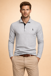Men’s long-sleeve polo top with structured collar, button placket, refined slim silhouette, clean minimalist design, and tailored casual finish suitable for smart everyday wear.