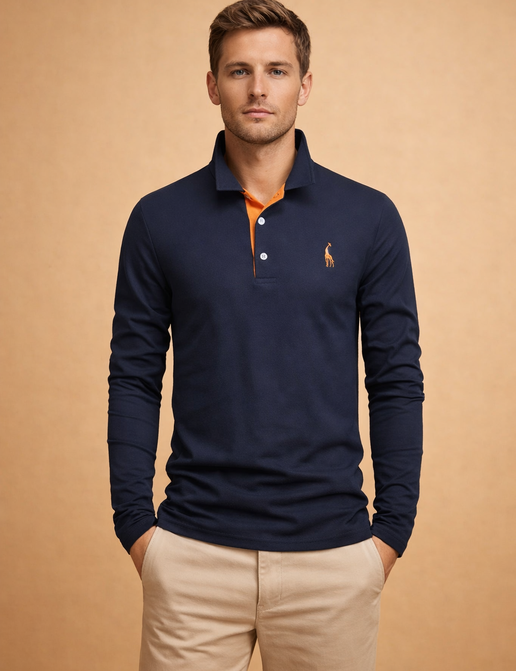 Modern long-sleeve men’s polo top with a clean tailored fit, classic collar, contrast inner placket detail, buttoned neckline, subtle embroidered chest accent, paired with slim-cut neutral trousers for a refined casual look