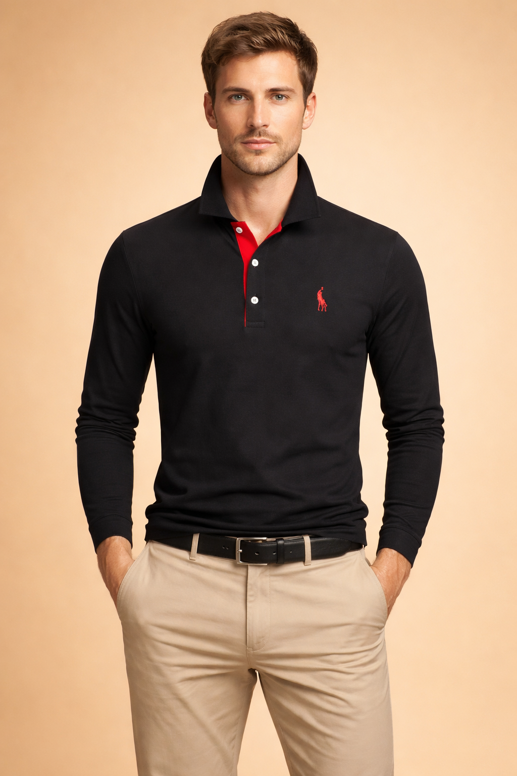 Men’s long-sleeve polo top with a clean structured collar, buttoned placket detail, slim tailored fit through the torso, and a refined minimalist finish suitable for smart casual styling.