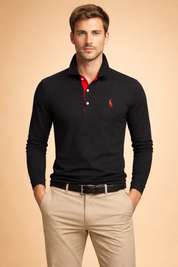 Men’s long-sleeve polo top with a clean structured collar, buttoned placket detail, slim tailored fit through the torso, and a refined minimalist finish suitable for smart casual styling.