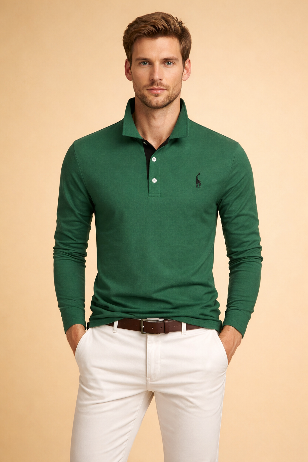 Men’s long-sleeve polo top with structured collar, buttoned placket, clean minimalist design, and tailored fit for a polished smart-casual look
