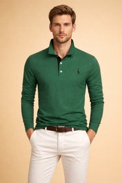 Men’s long-sleeve polo top with structured collar, buttoned placket, clean minimalist design, and tailored fit for a polished smart-casual look